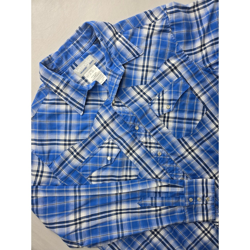 Wrangler Western Plaid Long Sleeve Pearl Snap Front Shirt Blue White Men LArge